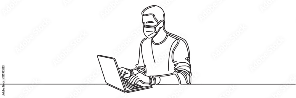 continuous line drawing one line of man looking at laptop wearing mask. continuous line drawing one line of man looking at laptop wearing mask.