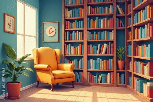 Cozy reading nook with armchair and bookshelf in sunlit room