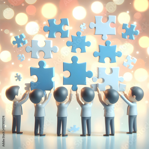 3D Bokeh background with team members placing puzzle pieces together copy space above. concept as Team members placing puzzle pieces together against a bokeh background symbolizing unity and collabora