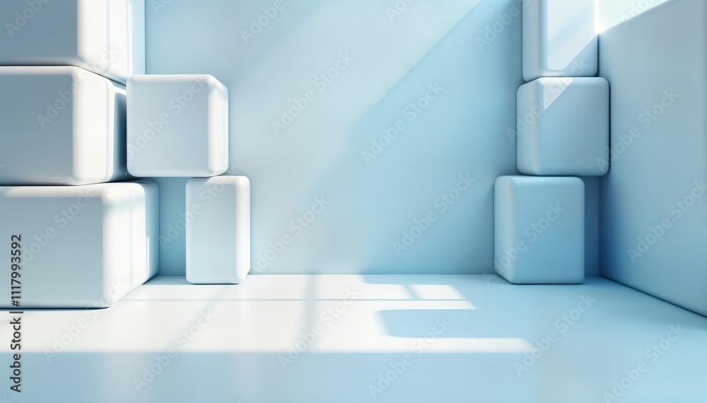 Abstract interior scene with light blue walls, white blocks. Geometric shapes create modern, minimalist design. Sunlight casts soft shadows on light blue floor. Scene suggests blank space for product Abstract interior scene with light blue walls, white blocks. Geometric shapes create modern, minimalist design. Sunlight casts soft shadows on light blue floor. Scene suggests blank space for product