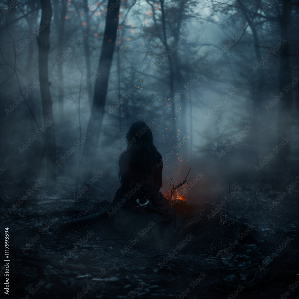 A dark scene in a foggy forest. A woman sits with her back to the camera in front of a smoldering fire. The atmosphere feels mysterious and oppressive. A dark scene in a foggy forest. A woman sits with her back to the camera in front of a smoldering fire. The atmosphere feels mysterious and oppressive.