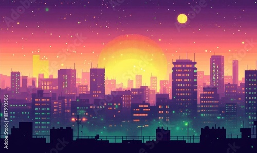 A vibrant city skyline at sunset with a colorful gradient.