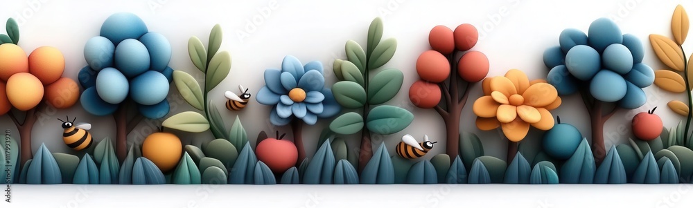 Obraz premium a cute cartoon garden filled with fruit trees, colorful flowers, and buzzing bees
