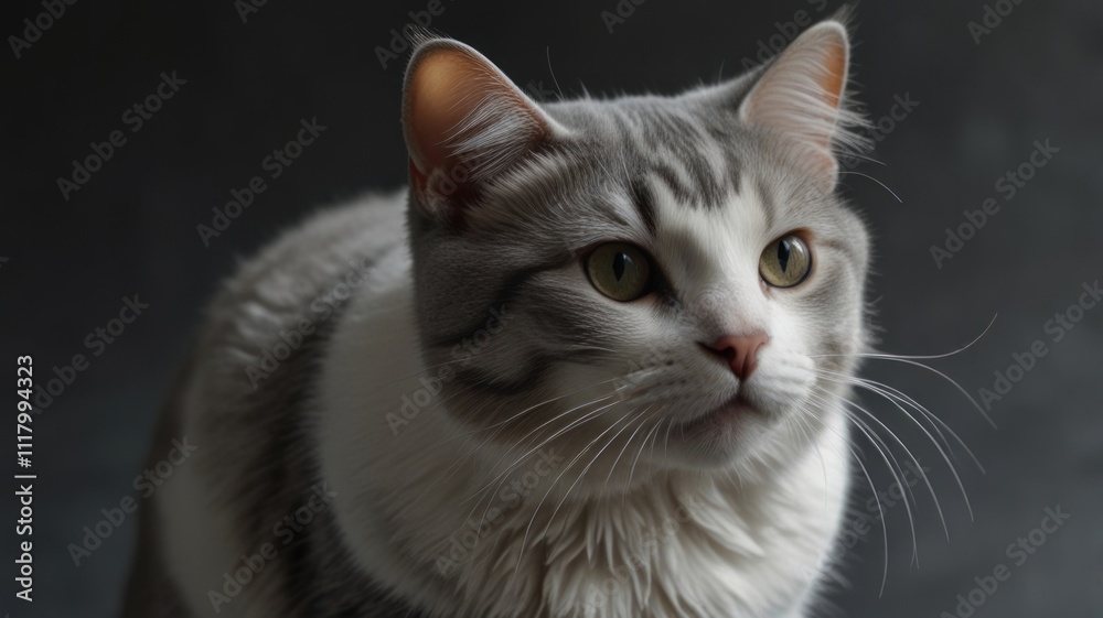 Gray and white cat with yellow eyes looking to the side against a dark background. Gray and white cat with yellow eyes looking to the side against a dark background.