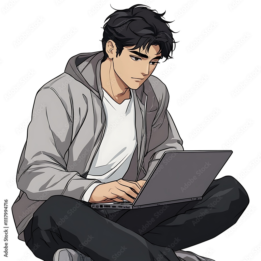 Office worker in a gray jacket and black pants, working on a laptop, anime style, on a white background Office worker in a gray jacket and black pants, working on a laptop, anime style, on a white background