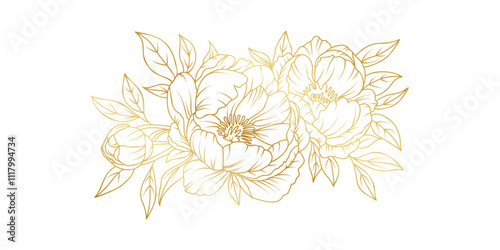 Golden peony flowers line art isolated on white background. Luxury floral design elements for invitation, wedding, wallpaper, print template, vector illustration