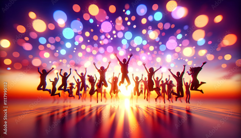 3D Bokeh digital art of silhouettes jumping in the air with sunset colors and copy space above. concept as Silhouettes of people jumping joyfully against a vibrant sunset backdrop with bokeh effects s 3D Bokeh digital art of silhouettes jumping in the air with sunset colors and copy space above. concept as Silhouettes of people jumping joyfully against a vibrant sunset backdrop with bokeh effects s