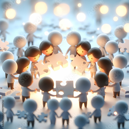 3D Bokeh digital art with team holding puzzle pieces together copy space above. concept as A bokeh digital art scene of a team holding puzzle pieces together representing unity and collaborative effor