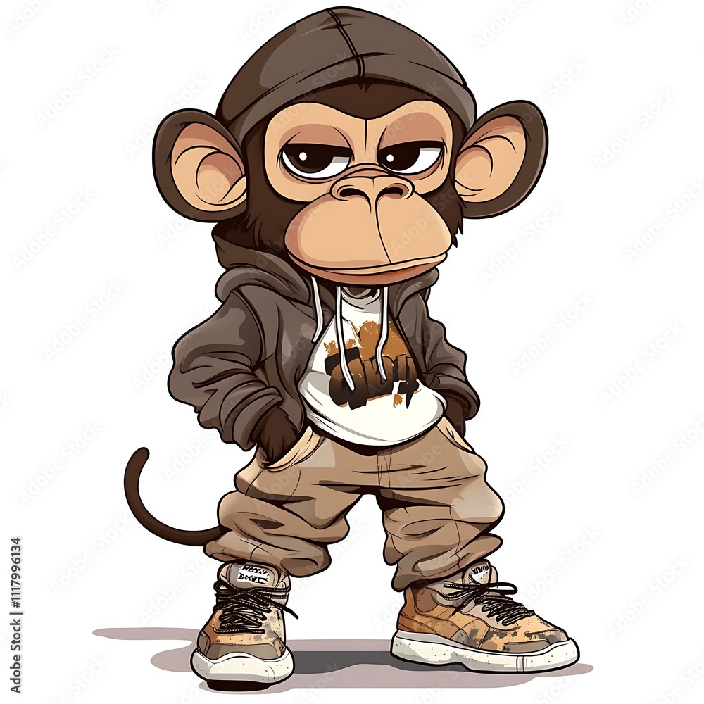 Cartoon Monkey in Graphic Hoodie and Joggers on White Background