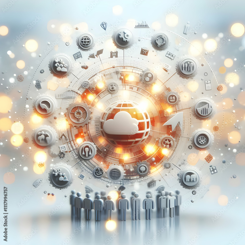 Obraz premium 3D Bokeh Team Collaboration concept as Bokeh digital art background featuring blurred lights and collaborative elements symbolizing teamwork and community management with copy space. as 3D Icon isolat