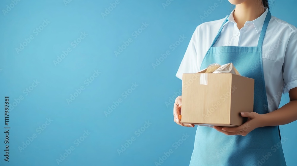 Delivery person holds a small cardboard box in front of a blue wall during a bright day in a busy city Delivery person holds a small cardboard box in front of a blue wall during a bright day in a busy city