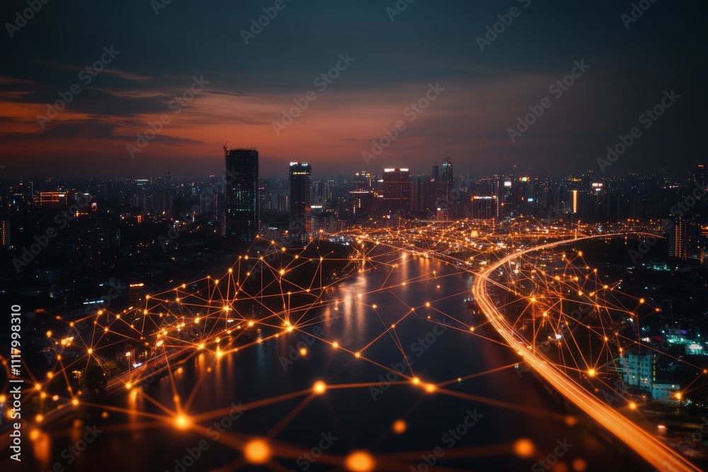 Smart city and abstract design with gradient lines highlighting big data connectivity concept Smart city and abstract design with gradient lines highlighting big data connectivity concept