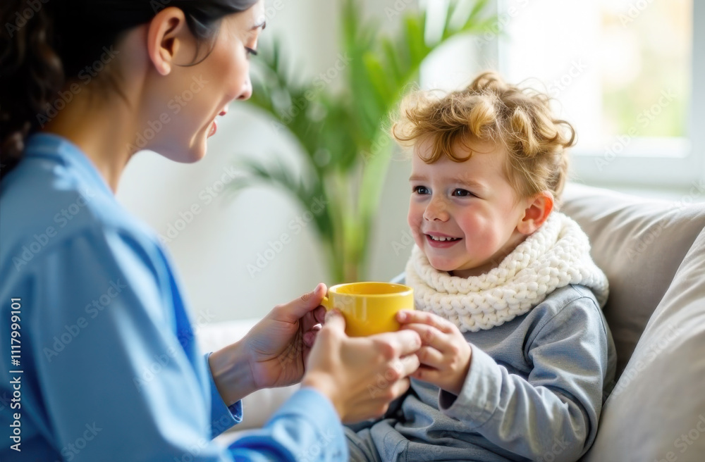 Asian female doctor in medical gown giving hot drink in mug to sick little curly boy. Asian female doctor in medical gown giving hot drink in mug to sick little curly boy.
