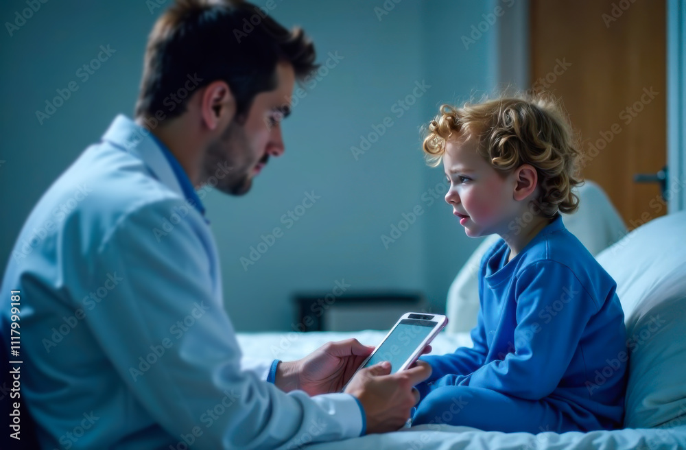 Obraz premium A male doctor in a medical uniform sits near a sick little curly boy.