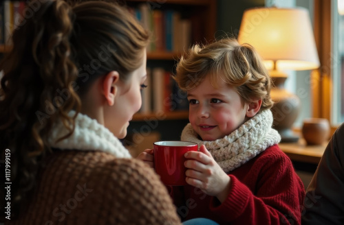 Mother gives a hot drink in a mug to a sick little curly boy.