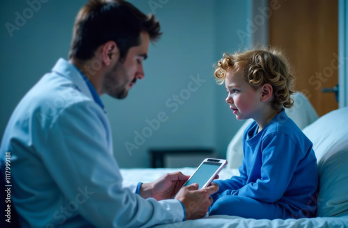 Wallpaper Mural A male doctor in a medical uniform sits near a sick little curly boy. Torontodigital.ca