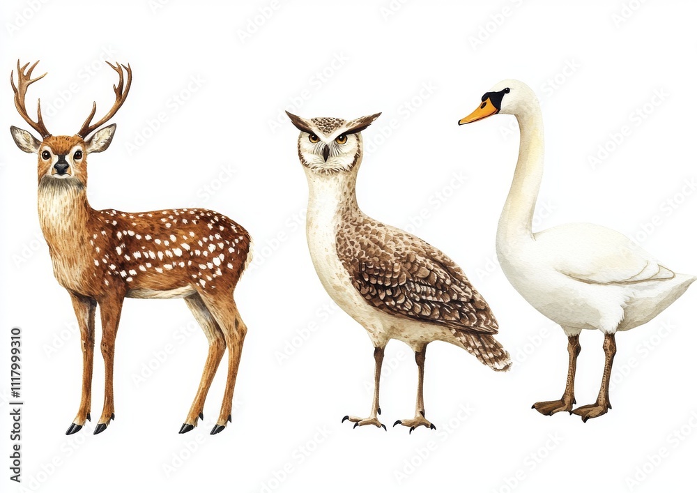 Fototapeta premium A watercolor illustration featuring a collection of animals on a plain white background, including a squirrel, bunny, owl, deer, swan, goose, sheep, woodpecker.