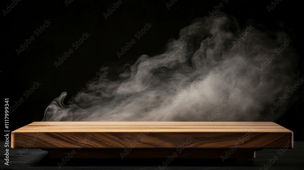 A wooden platform with ethereal smoke rising against a dark background. A wooden platform with ethereal smoke rising against a dark background.