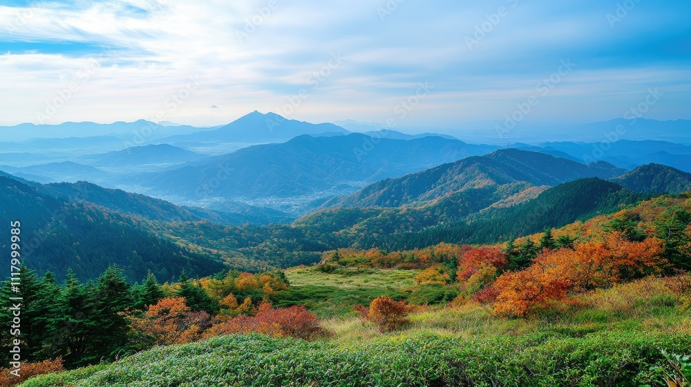 Scenic Japanese Landscape with Autumn Colors and Mountains Scenic Japanese Landscape with Autumn Colors and Mountains