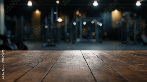 A wooden table in a gym setting, with exercise equipment blurred in the background.