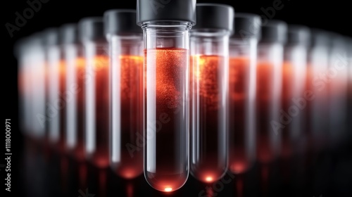 Closeup, bloodfilled test tubes in a laboratory setting for medical testing, analysis, diagnostics, and healthcare research photo
