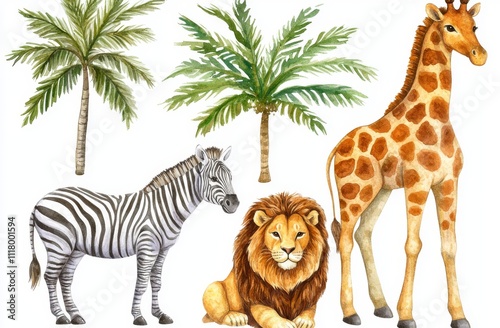 Charming watercolor illustration of a giraffe, tiger, and elephant in cartoon form. African baby wild animals isolated on a white background. Set of jungle safari animals and plants.