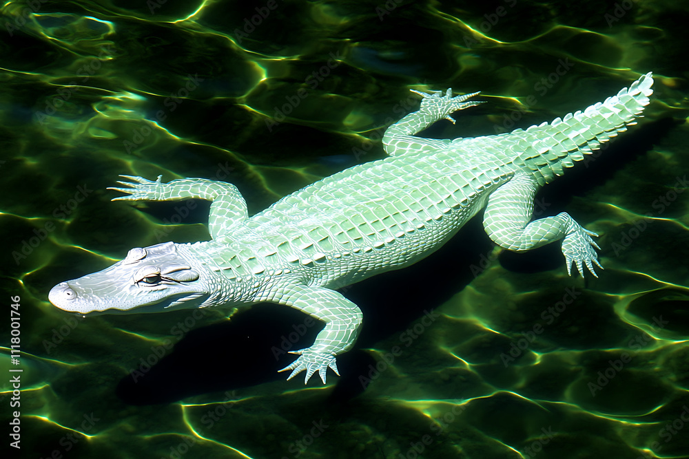 A pale crocodile swimming in clear water, showcasing its unique coloration and texture. A pale crocodile swimming in clear water, showcasing its unique coloration and texture.