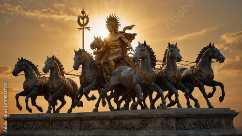 Statue of Helios, the sun god, driving a four-horse chariot, with a backdrop of a golden sunrise, carvings displaying his powerful control over the sun's journey.