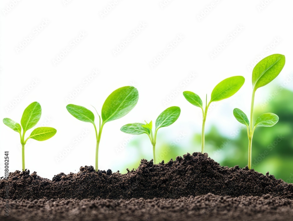 Five seedlings grow in dark soil, against bright background. Five seedlings grow in dark soil, against bright background.
