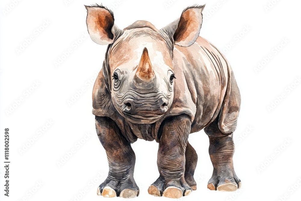 Fototapeta premium A charming watercolor painting of a baby rhino, generated by AI.