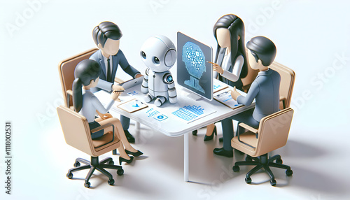 3D Business team analyzing AI data on plain white table copy space concept as Business team analyzes AI generated data on a plain white table highlighting intelligent data insights and collaborative A