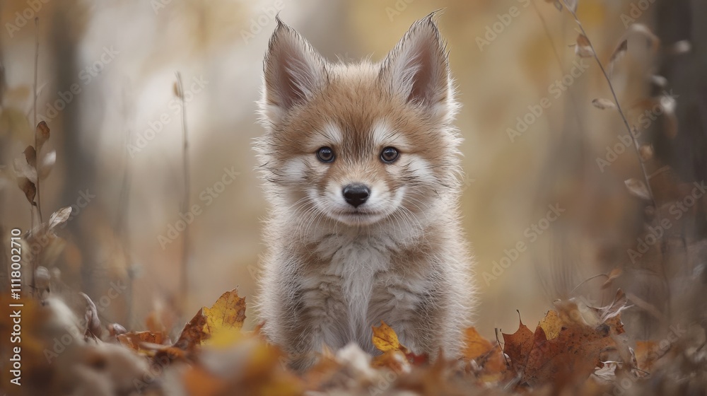 Adorable Fox Cub Among Autumn Leaves Adorable Fox Cub Among Autumn Leaves