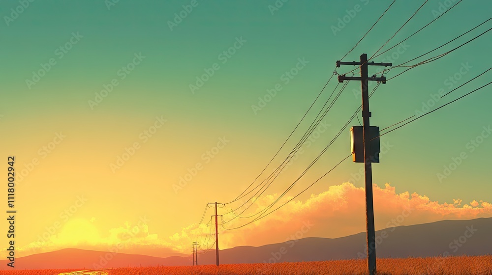Electric Post with Power Lines at Sunset Electric Post with Power Lines at Sunset