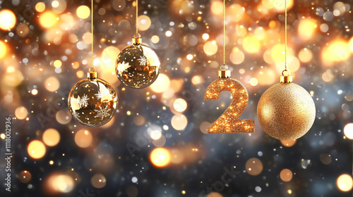 Happy new year 2025 background. Hanging golden numbers with shiny bokeh lights in background. Holiday greeting card. photo