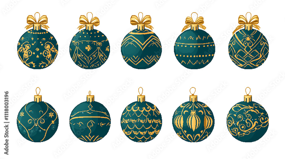 Pixel art set of elegant Christmas tree balls in teal and gold with intricate designs and bows, vector illustration isolated on white background. Pixel art set of elegant Christmas tree balls in teal and gold with intricate designs and bows, vector illustration isolated on white background.