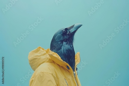 A human-like Black Crow wearing human attire, embodying the concept of a humanized animal. Stock image, enhanced by human touch. photo