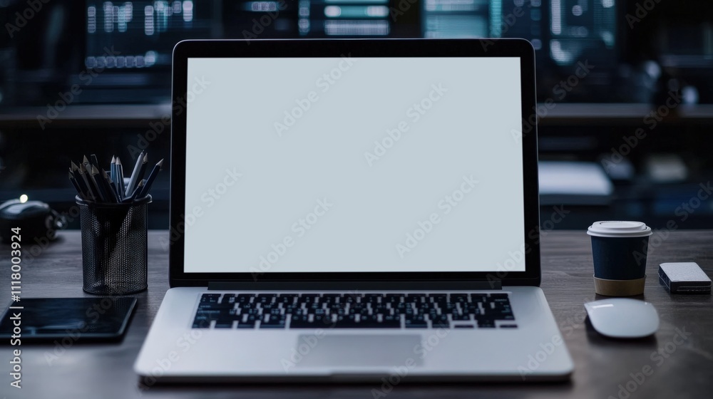 Modern Workspace with Empty Laptop Screen Modern Workspace with Empty Laptop Screen