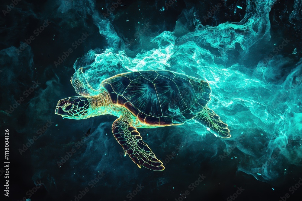 Obraz premium Sea Turtle Swimming Through Vibrant Aquatic Environment in Ethereal Blue Light