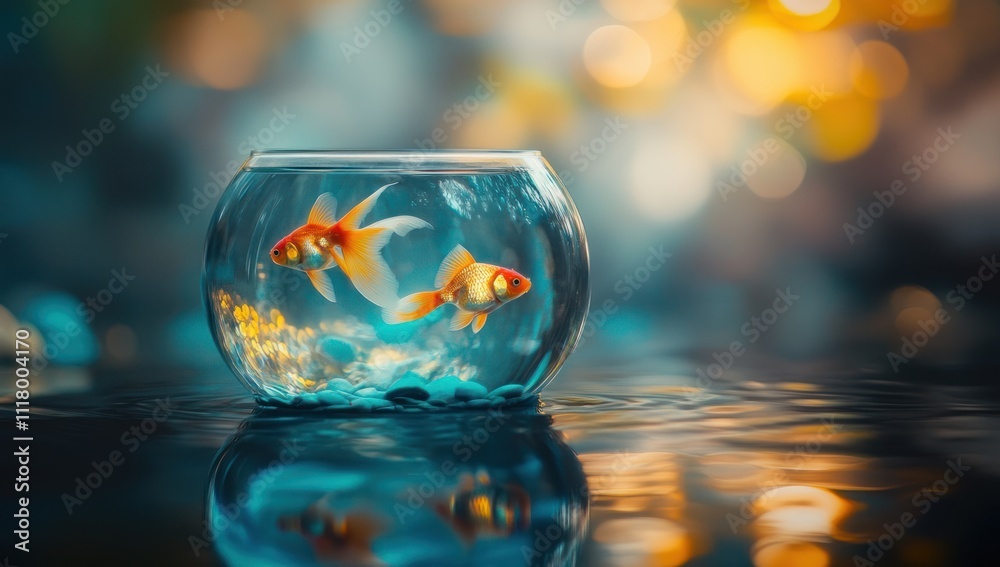 Two Goldfish Swimming in a Glass Bowl