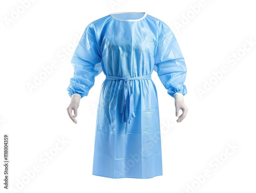 Blue disposable medical gown with long sleeves, ties. Protective clothing for health care professionals. Healthcare worker wears protective garment. Safety equipment for sterile environments. Hygiene photo