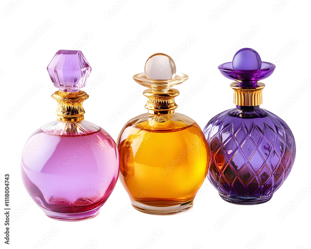 Three elegant perfume bottles with colorful designs, isolated on a white background. Three elegant perfume bottles with colorful designs, isolated on a white background.