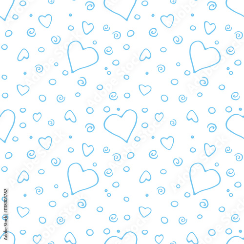 Vector Seamless abstract pattern of outline elements hearts points drops spirals. Hand drawn doodle background, texture for textile, wrapping paper, Valentine's day