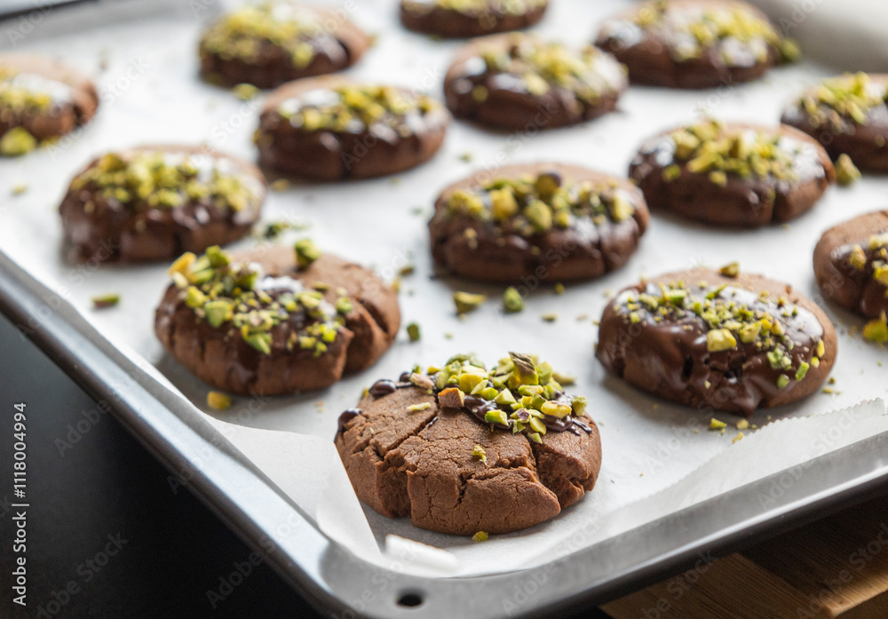 Chocolate Cookies Covered with Chocolate and Sprinkled with Chopped Pistachios – Perfect for Christmas 