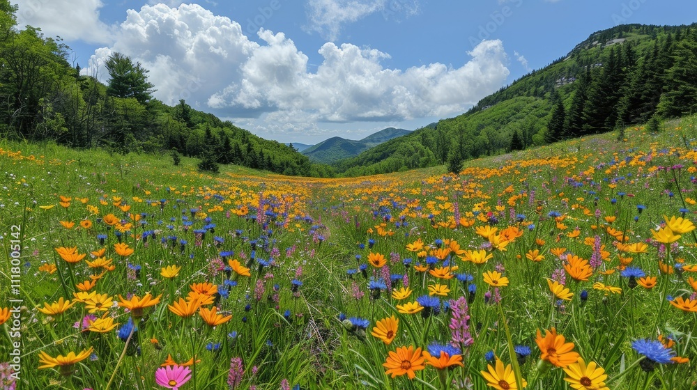 Fototapeta premium Vibrant wildflowers bloom in a mountain meadow, path leading to distant peaks under a blue sky.