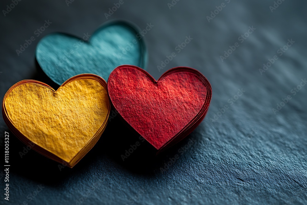 Obraz premium Valentine's day dark background, multi colored paper hearts on dark background
