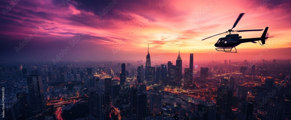 Helicopter Silhouette Against a Vibrant Sunset Over a Cityscape Helicopter Silhouette Against a Vibrant Sunset Over a Cityscape