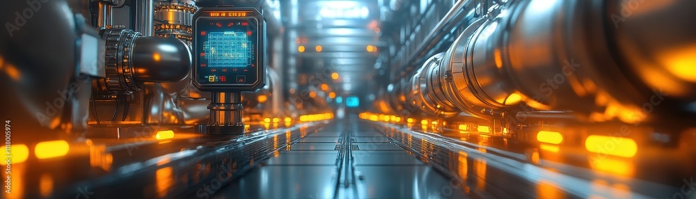 Futuristic Industrial Corridor with Advanced Technology and Glowing Lights in a High-Tech Facility Futuristic Industrial Corridor with Advanced Technology and Glowing Lights in a High-Tech Facility