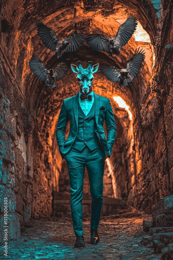 An artistic rendering of a giraffe in human clothes, placed on an abstract background, representing an anthropomorphic creature. Created with stock imagery. An artistic rendering of a giraffe in human clothes, placed on an abstract background, representing an anthropomorphic creature. Created with stock imagery.