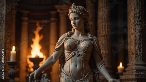 Statue of Vesta, the goddess of hearth and home, cradling a blazing flame in her arms, with a backdrop of an ancient temple altar, carvings emphasizing her warmth and protective spirit. photo