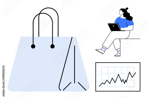 Woman sitting with laptop, large shopping bag, upward sales chart. Ideal for online shopping, e-commerce, business growth, digital marketing, sales trends, retail analysis, consumer behavior. Line